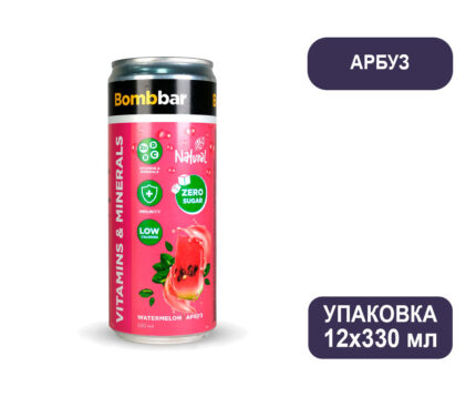 Напиток б/а Bombbar "Лимонад со вкусом арбуза", газированный обогащённый ВИТАМИНАМИ, 0,33 л, Ж/Б
