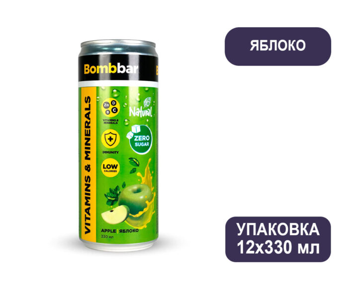 Напиток б/а Bombbar "Лимонад со вкусом яблока", газированный обогащённый ВИТАМИНАМИ, 0,33 л, Ж/Б